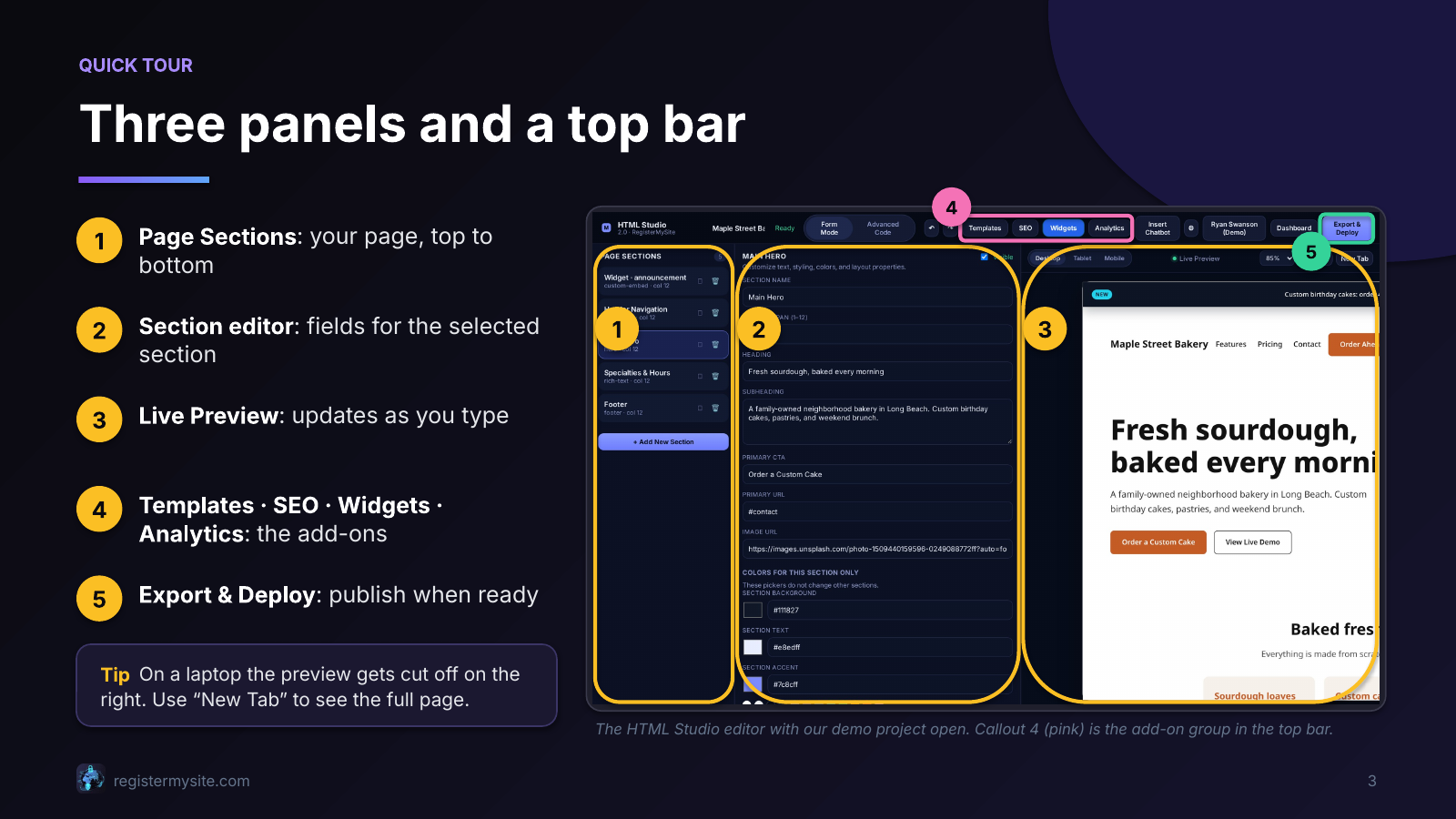 Slide 3 of 23: Quick tour — Three panels and a top bar: sections, editor, preview, add-ons, deploy.