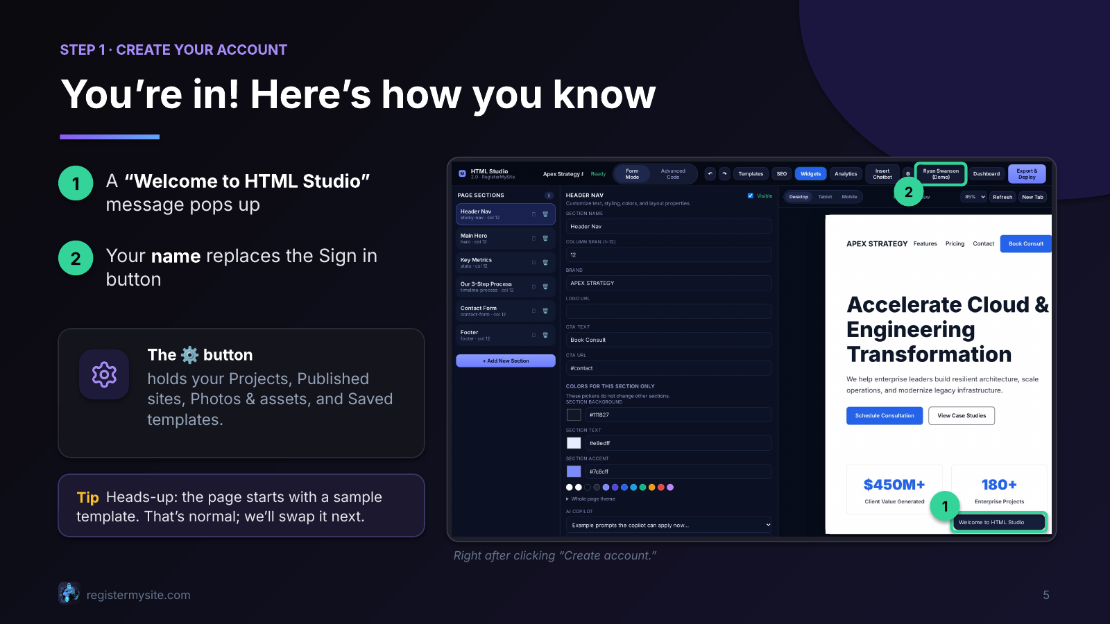 Slide 5 of 23: You're in — How to tell the account worked.