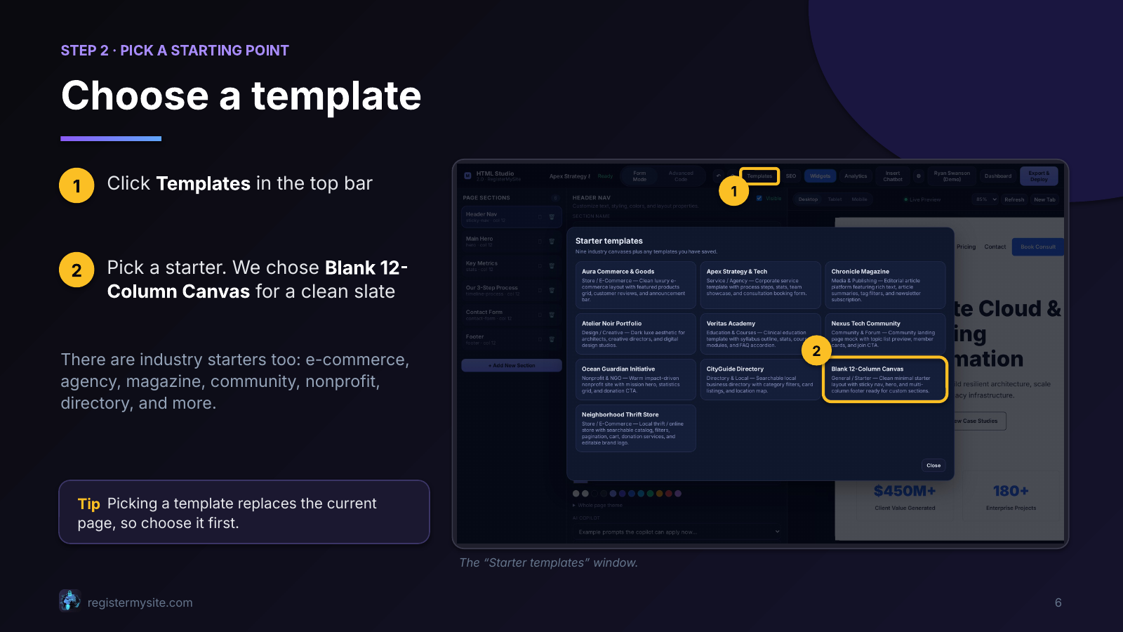 Slide 6 of 23: Pick a starting point — Choose a template.