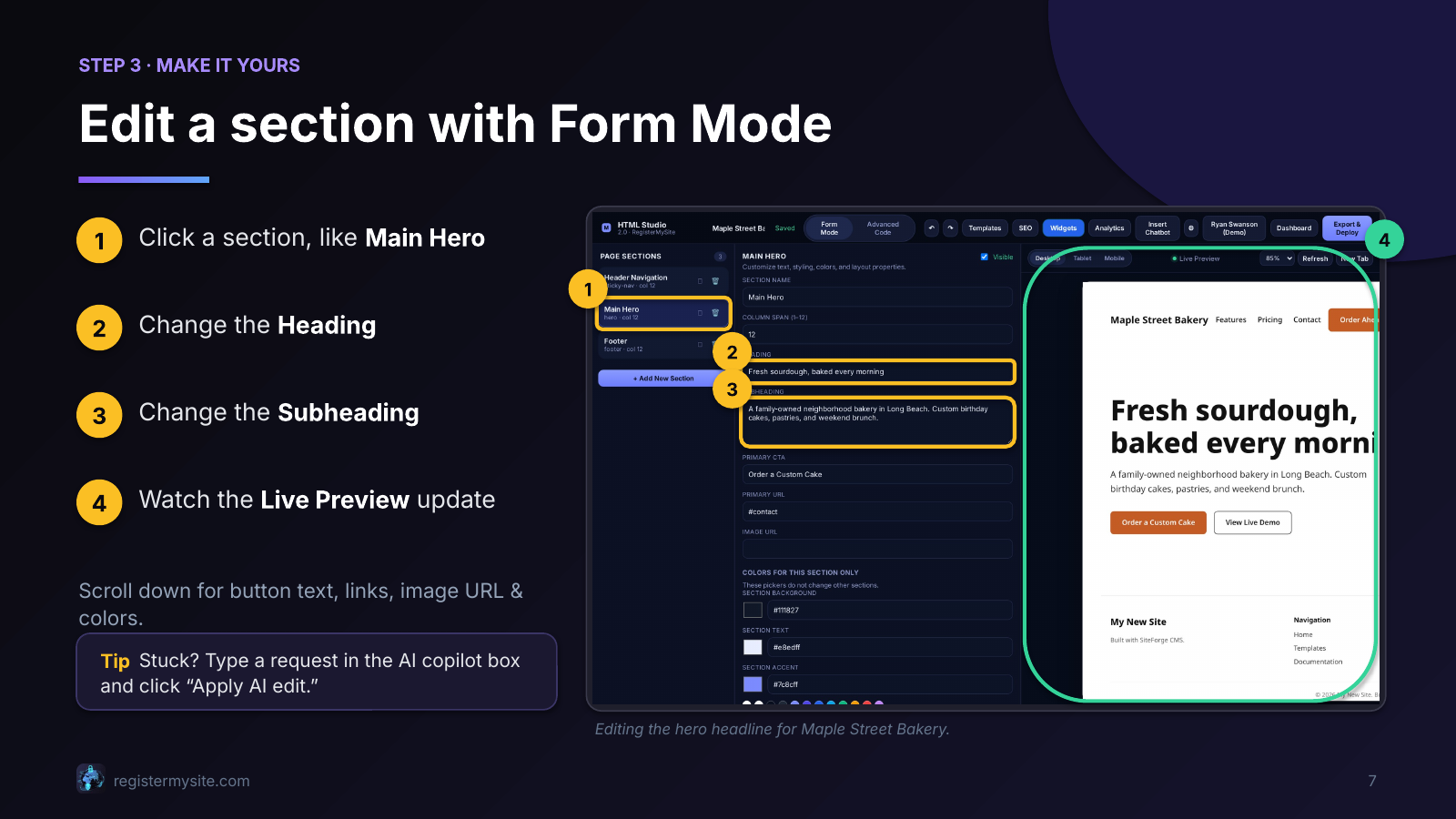 Slide 7 of 23: Make it yours — Form Mode — Edit a section with forms, no code.