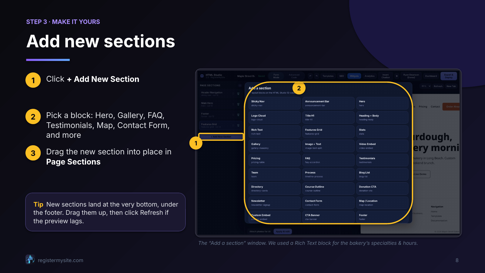 Slide 8 of 23: Add new sections — Grow the page section by section.