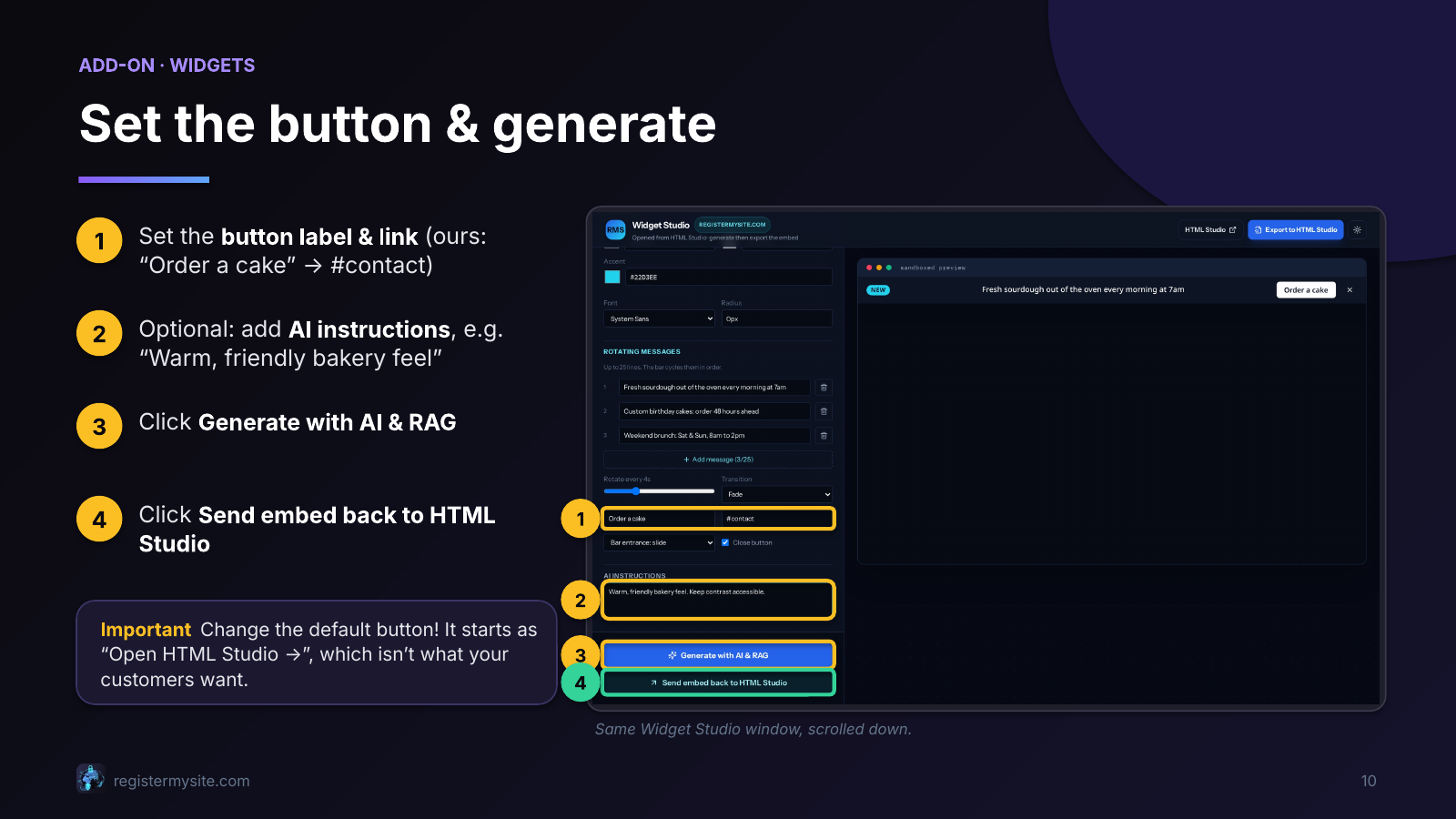 Slide 10 of 23: Widgets — set the button & generate — Configure and generate the widget.
