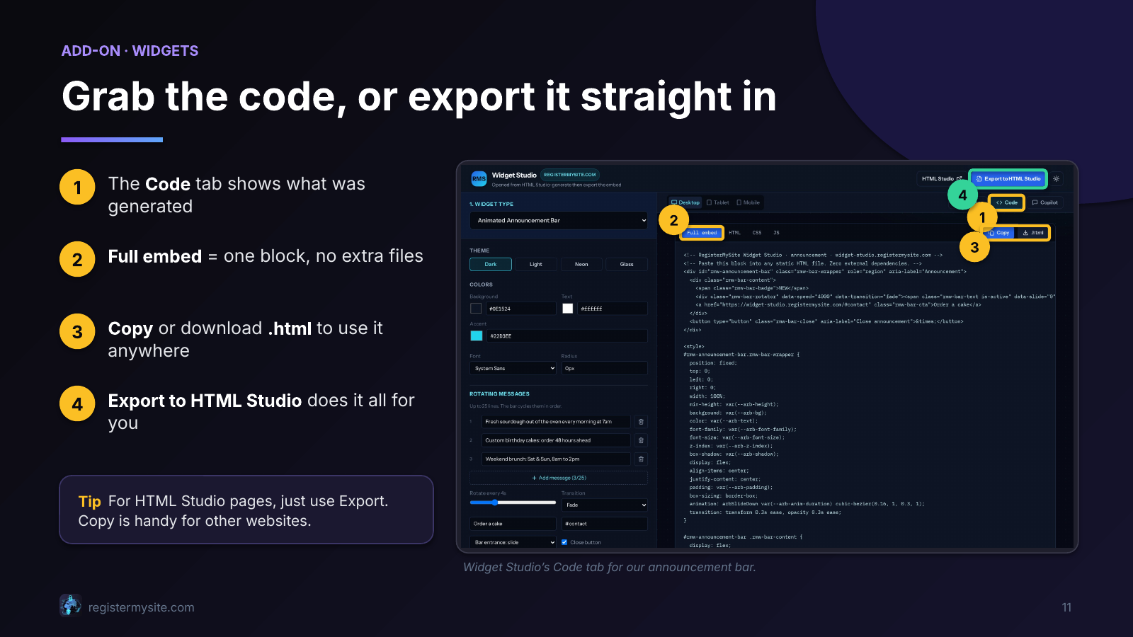 Slide 11 of 23: Widgets — grab the code — Copy the snippet or export it into the page.