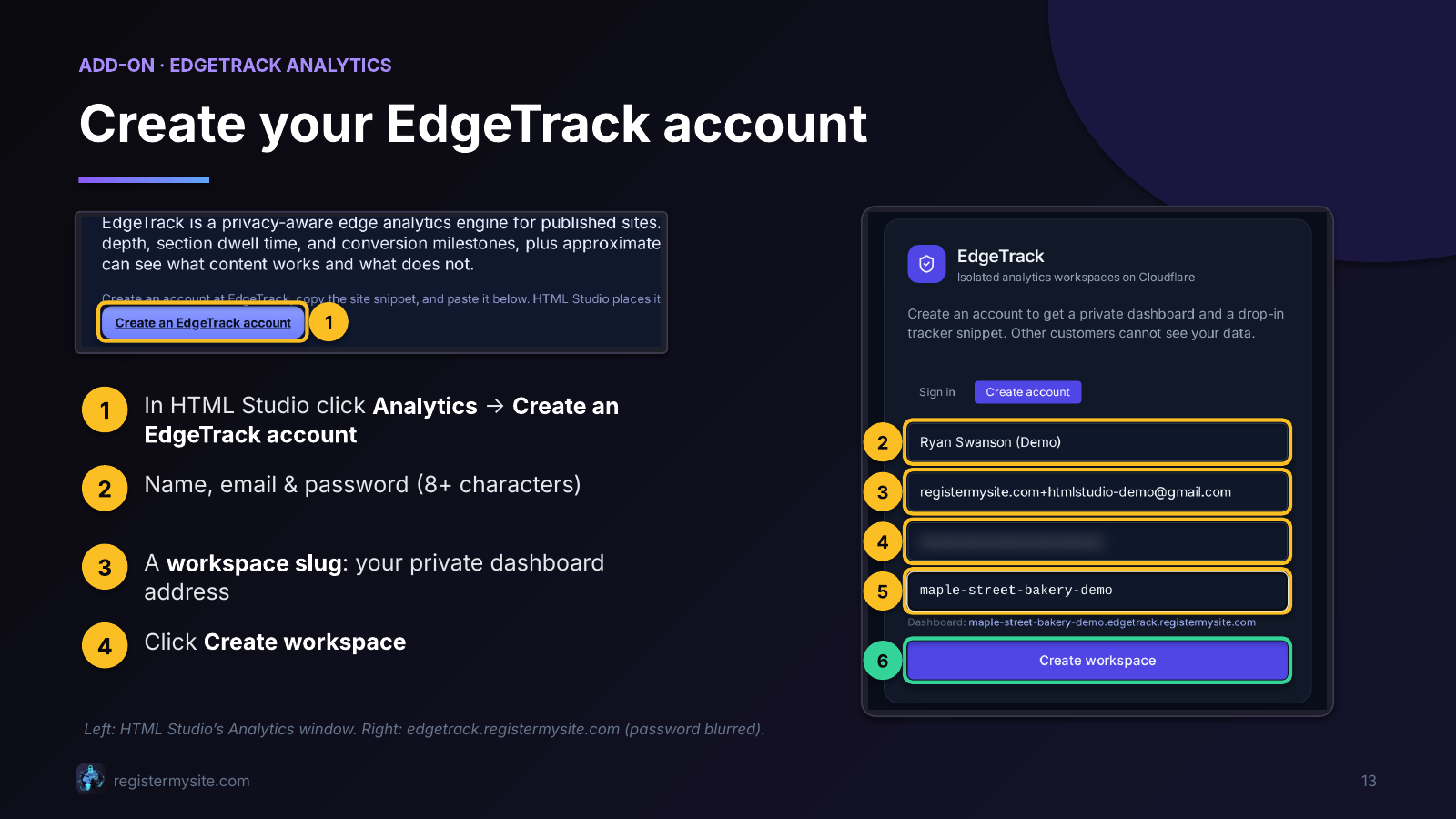 Slide 13 of 23: EdgeTrack — create your account — Sign up for analytics.