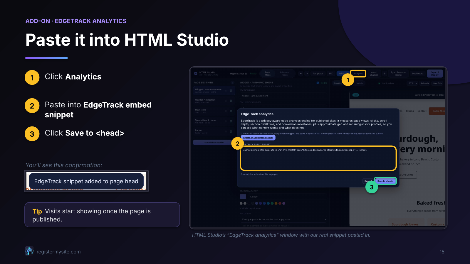 Slide 15 of 23: EdgeTrack — paste into HTML Studio — Turn analytics on in the project.