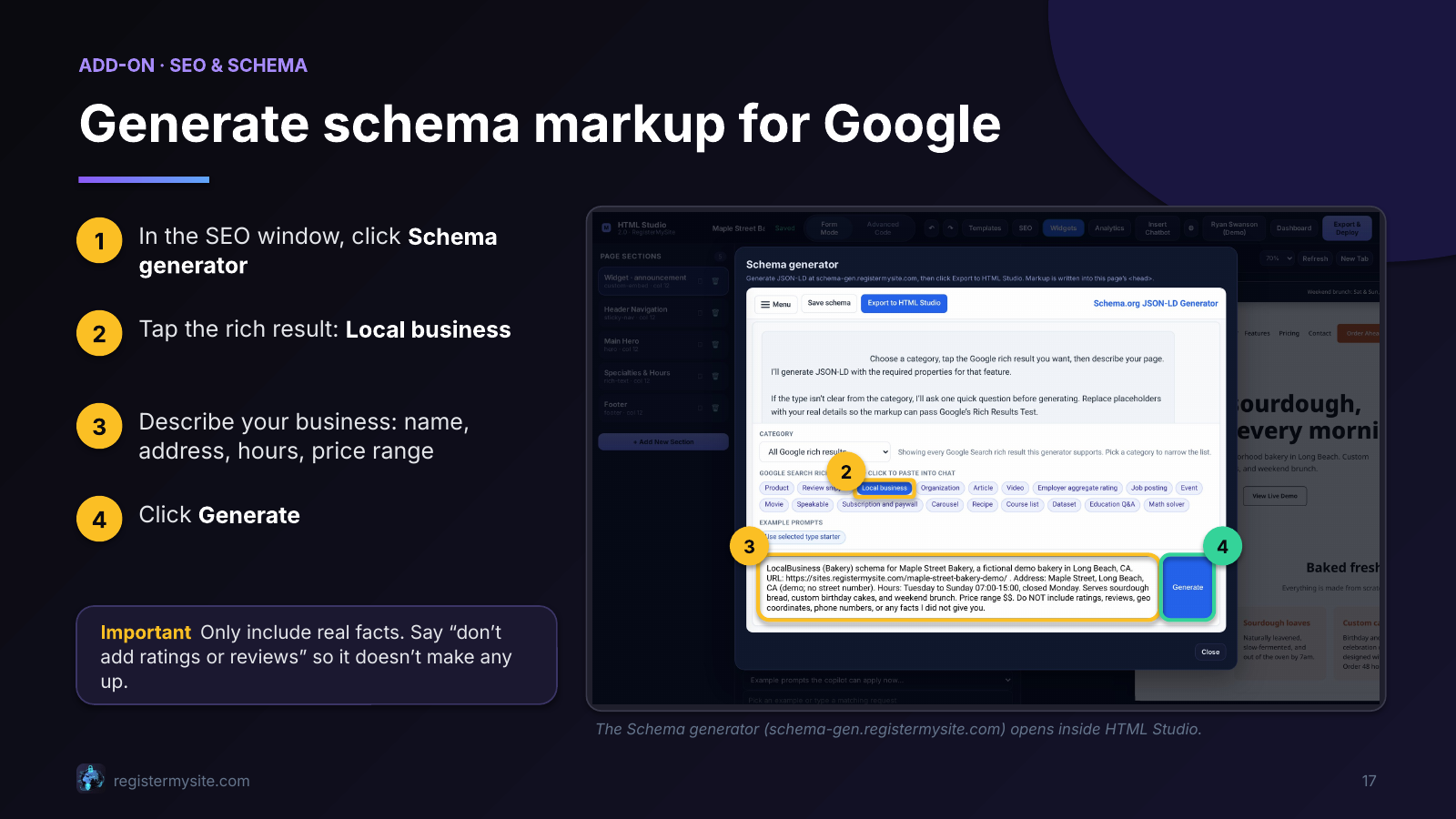 Slide 17 of 23: Generate schema markup — JSON-LD so Google understands the business.