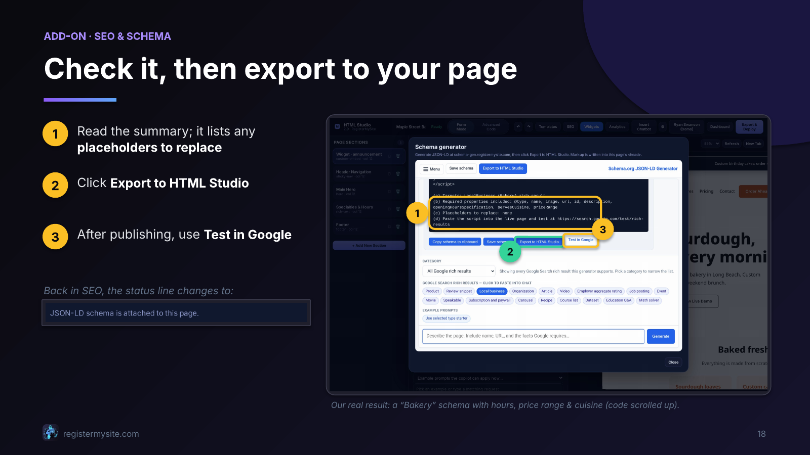 Slide 18 of 23: Check schema, then export — Validate and add it to the page.