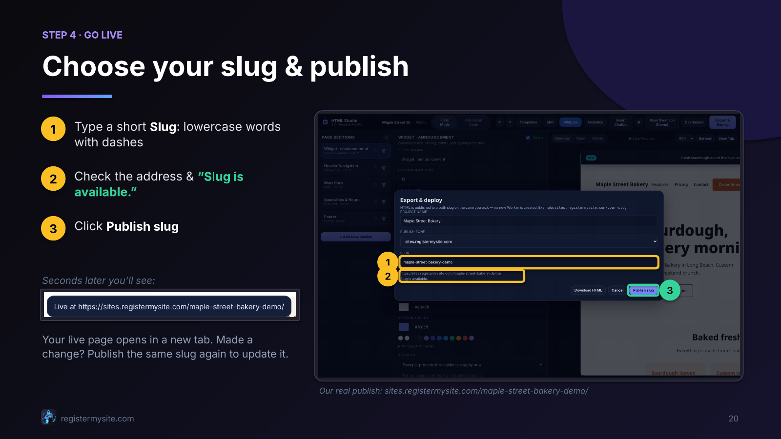 Slide 20 of 23: Choose your slug & publish — Publish slug to go live.