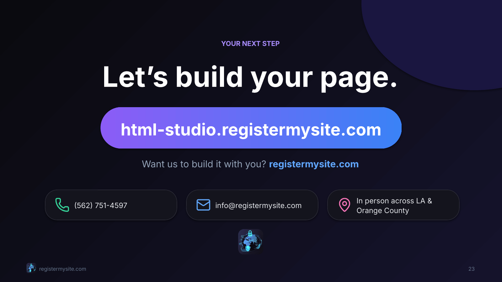 Slide 23 of 23: Let's build your page. — CTA: html-studio.registermysite.com and contact.